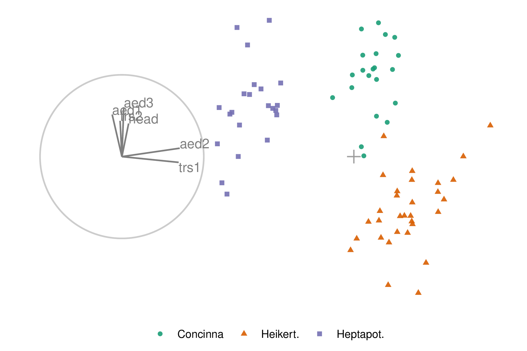 Biplot of the initial 2D projection of normalized flea data. The basis is depicted on the left, and the resulting data projection is on the right. The color and shape of data points are mapped to the flea beetle species. The basis was produced by a projection pursuit guided tour with the holes index. The contribution of the variables `aede2` and `tars1` approximately contrasts the other variables. The visible structure in the projection is the three species clusters.